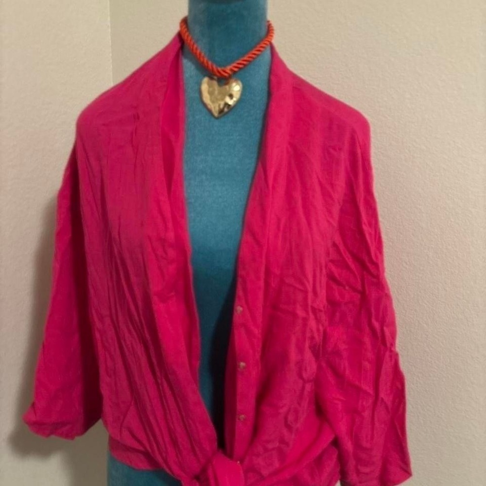 Hot pink button up blouse‎ with a tie front